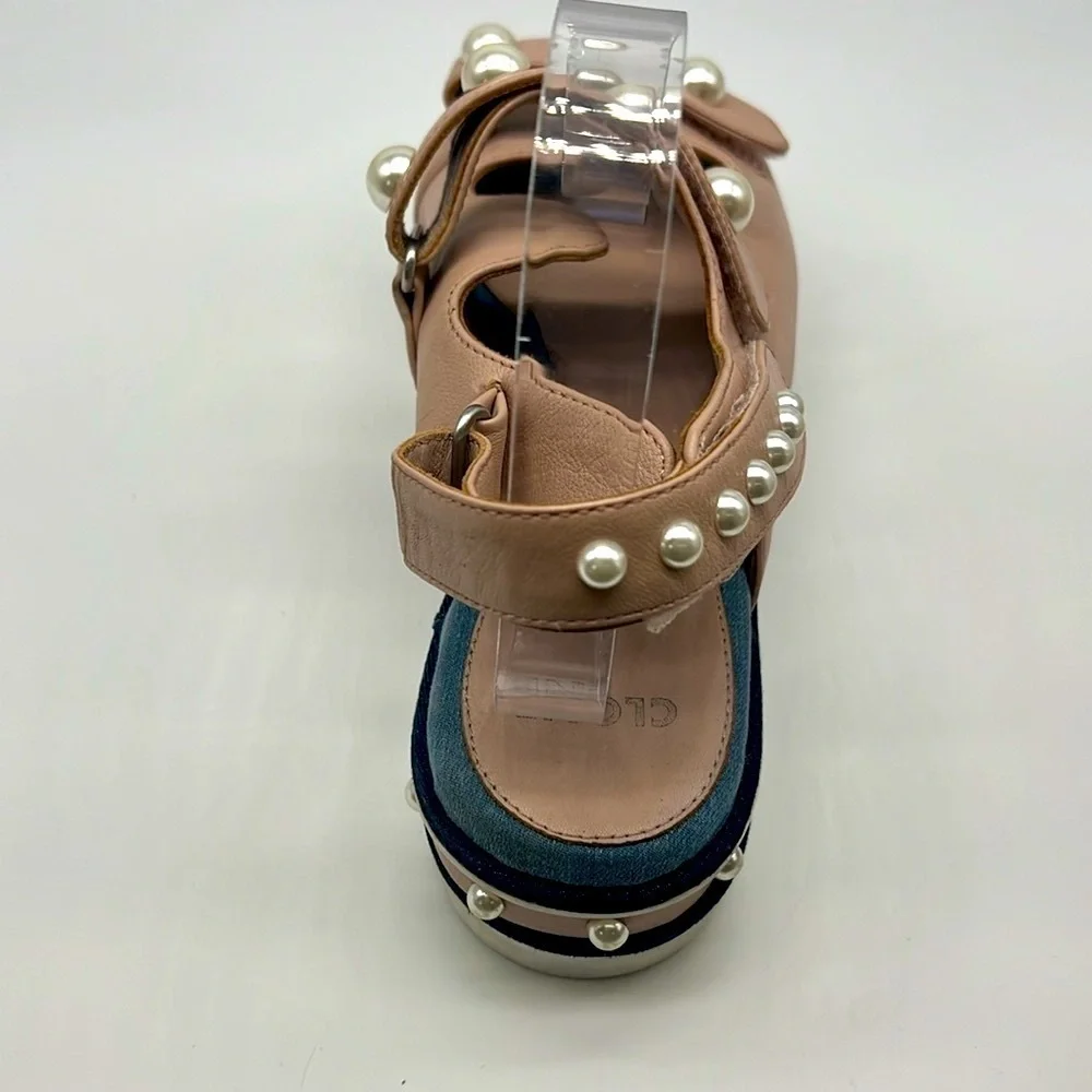 Clone - Diamond Nappa Pink Leather Platform Strap Stud Pearl Sandal Size 41